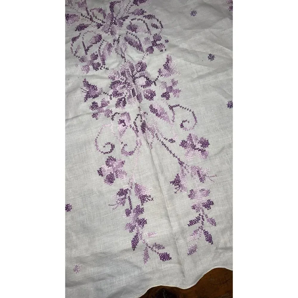 Vintage Linen Tablecloth Cross Stitch Floral Embroidery Purple 65x49